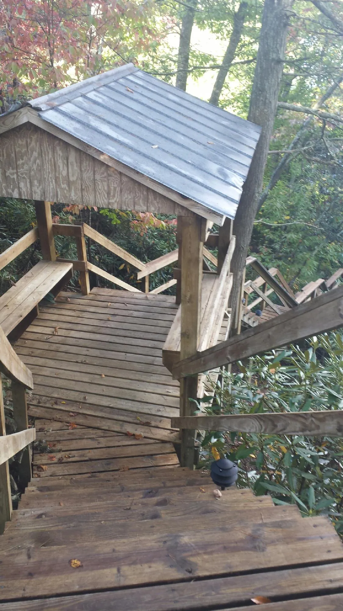 Metal roofed shelter over wooden steps on a wooded walkway — Skylight Repair & Installation work by our crew in Halstad